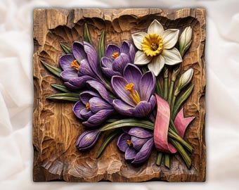 Floral Bouquet 3D Relief STL | Crocus & Daffodil Flowers CNC Router File | Wood Carving Panel STL | 3D Print Bas-Relief Spring Decor