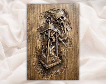Haunted Lantern Skull Ghost 3D Relief STL File | Halloween Wood Grain CNC Carving | Spooky Horror Wall Art | 3D Print & Laser Engraving