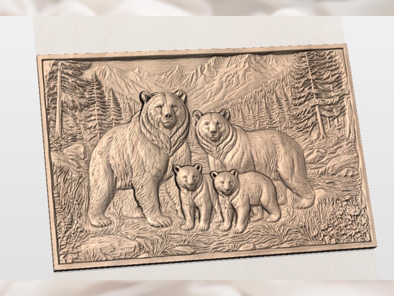 May include: A detailed relief carving of a bear family in a mountain forest setting. The artwork features two adult bears and two cubs, with a backdrop of trees and mountains. The piece is rendered in a warm, natural wood tone.