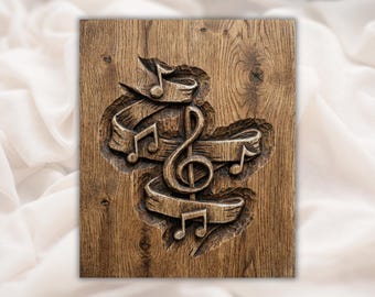 Music Notes 3D Relief STL | Treble Clef Wood Carving File | Musical Wall Art STL for CNC Router | 3D Print & Laser Engraving Model