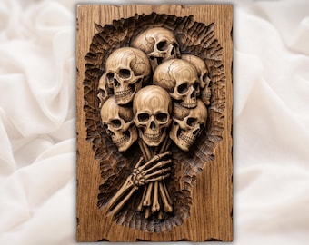 Skull Bouquet STL| Gothic Skull Relief CNC Router File |Skeleton Hand Wood Carving Model |Halloween Wall Plaque | Dark Academia Gothic Decor