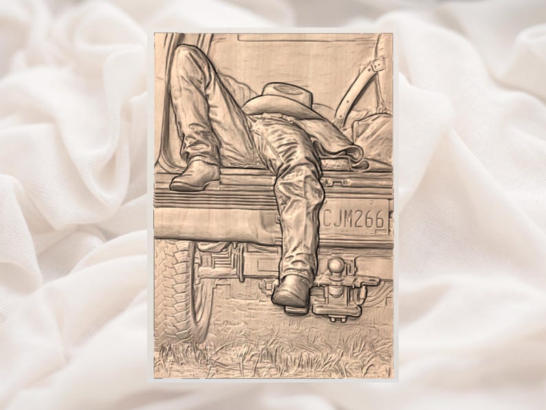 May include: A sepia-toned relief carving depicting a person resting in the back of a pickup truck. The person's legs, clad in jeans and boots, are visible, along with a cowboy hat. The truck's license plate reads CJM266.