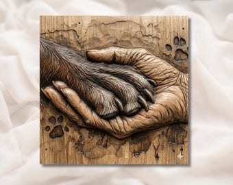 Ludzka dłoń trzymająca łapę psa, relief 3D STL | Panel ścienny z nadrukiem łapy psa | Plik do grawerowania laserowego CNC