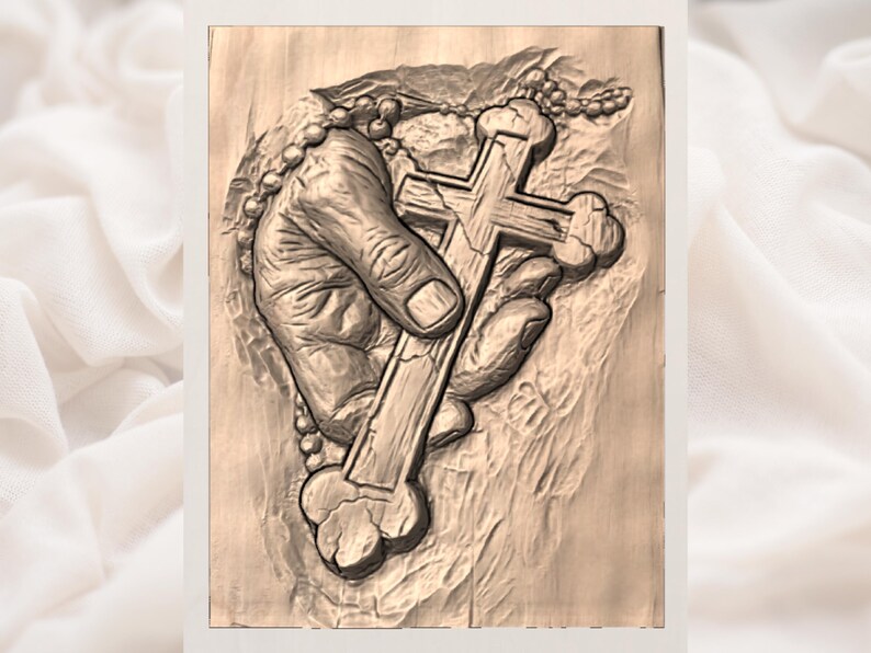 May include: A detailed relief carving of a hand holding a wooden cross and a rosary. The artwork is rendered in shades of brown, with intricate details on the cross and the hand. The style is reminiscent of religious art.