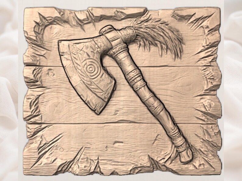May include: A wooden carving of an axe with intricate details, including a circular design on the axe head and textured handle. The axe is set against a wooden plank background with a rustic, carved appearance. The overall color is a natural wood tone.
