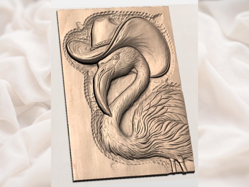 May include: A wooden carving of a flamingo wearing a cowboy hat. The flamingo is intricately carved with detailed feathers and a curved neck. The hat has a detailed brim and crown, and the carving is set against a light background.