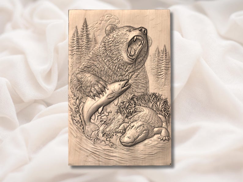 May include: A wooden relief carving shows a bear with an open mouth holding a fish, with an alligator below. The bear is in front of a forest scene. The carving is in shades of brown and tan.