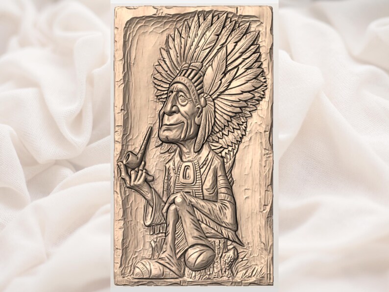 May include: A detailed relief carving of a Native American chief in a headdress, holding a pipe. The artwork is rendered in shades of brown and beige, with intricate details in the feathers and clothing. The chief is seated, and the background has a textured appearance.