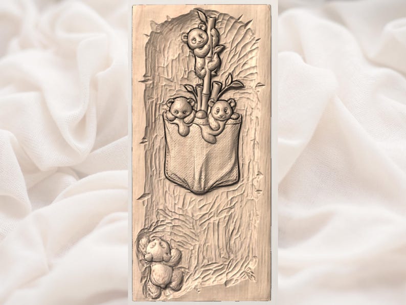 May include: A wooden panel with a carved relief of panda bears. Two pandas emerge from a pouch, one climbs bamboo, and another rests below. The panel has a natural wood tone with detailed carving.