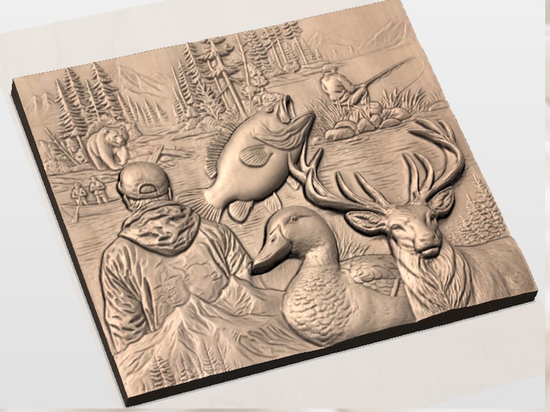 May include: A detailed relief carving depicting a hunting scene. The artwork features a bear, deer, duck, and a large fish, along with a person in a hooded jacket and a fisherman. The background includes trees and mountains, all rendered in a natural wood tone.