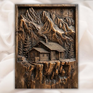 Rustic Log Cabin Mountain 3D Relief STL view 1