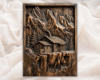 Rustic Log Cabin Mountain 3D Relief STL | CNC Router Wood Carving File | Forest Landscape Wall Art Panel | Cabin Lodge Decor