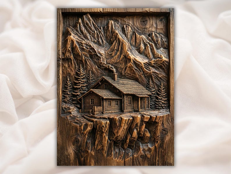 Rustic Log Cabin Mountain 3D Relief STL