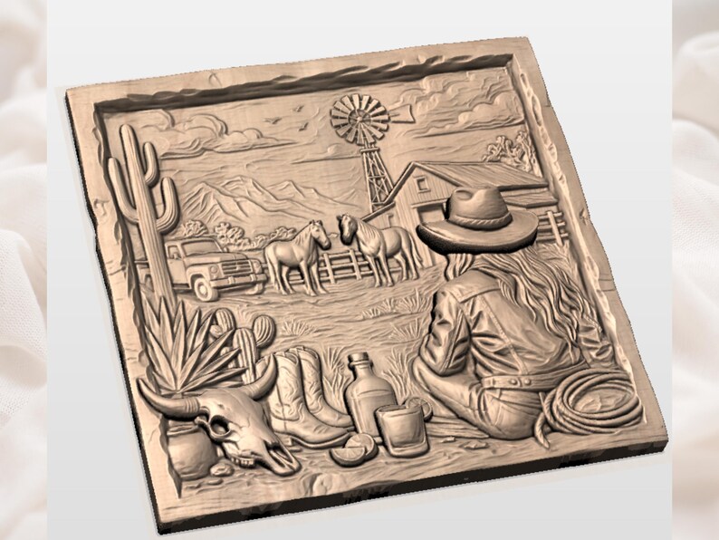 May include: A detailed relief carving depicting a Western scene. The artwork features a cowboy hat, a windmill, horses, a truck, a bull skull, and other elements of the American West. The carving is in shades of brown.