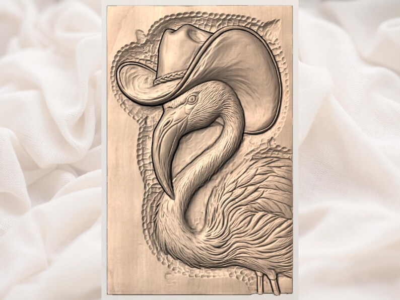 May include: A wooden carving of a flamingo wearing a cowboy hat. The flamingo is depicted in profile, with detailed feathers and a curved neck. The hat sits atop its head, adding a whimsical touch to the artwork. The carving is set against a light background.