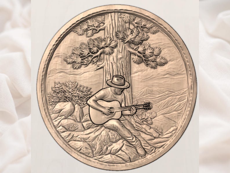 May include: A circular, bronze-colored relief carving depicts a person playing a guitar under a tree. The detailed artwork includes a hat, a guitar, and a natural landscape with mountains and foliage. The relief is set within a decorative border.