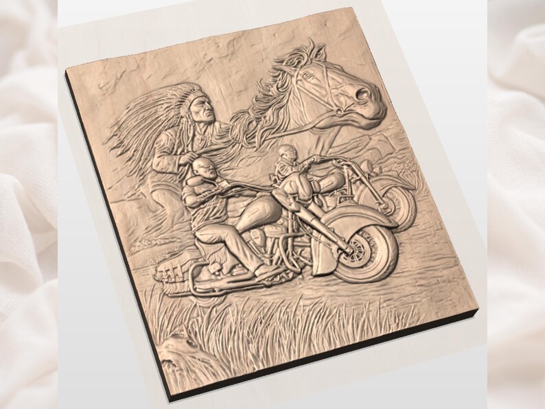 May include: A detailed relief carving in light brown, featuring a Native American in a headdress, a horse, and a motorcycle with two riders. The artwork has a textured surface and a rectangular shape.