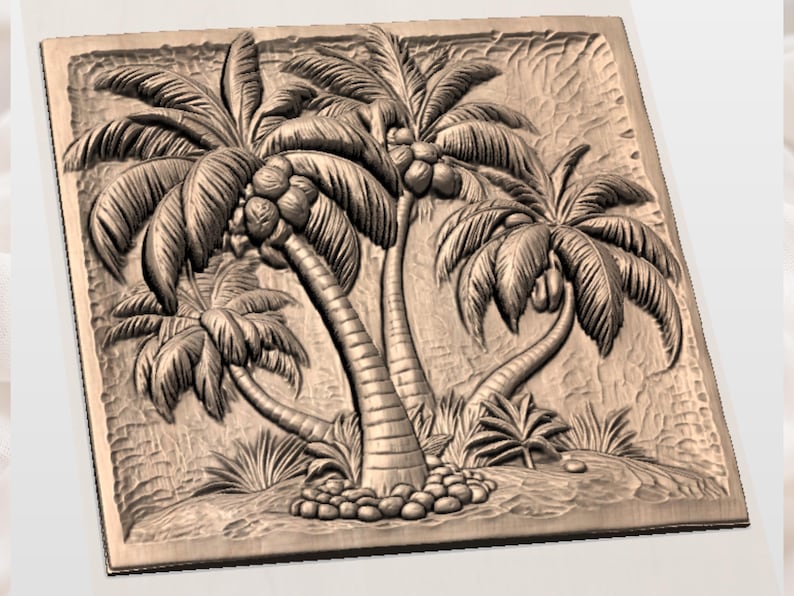 May include: A detailed, brown relief carving of a tropical scene featuring several palm trees with coconuts. The artwork is set within a rectangular frame, showcasing a textured background and detailed foliage.