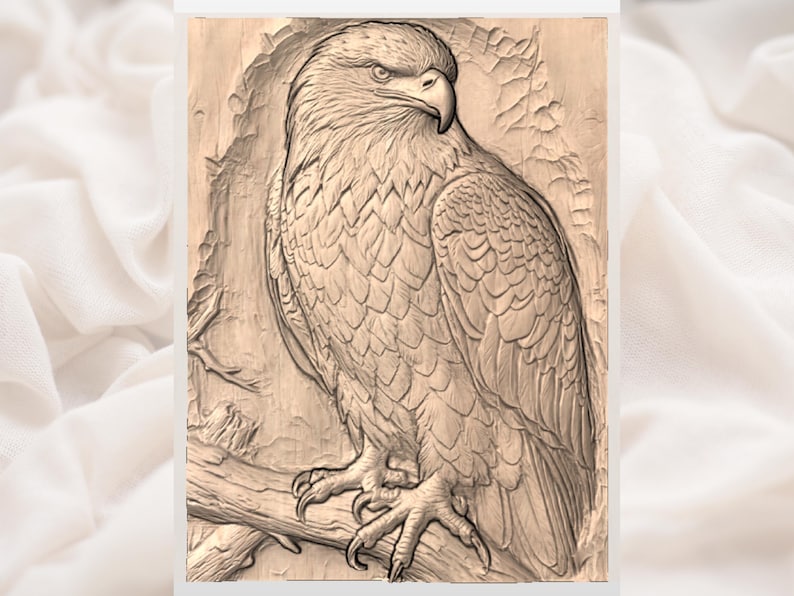 Weißkopfseeadler 3D Relief STL | Majestätischer Adler CNC Holzschnitzdatei | Wildtiere Wand Kunst STL | Rustikales Cabochon Dekor Bild 2