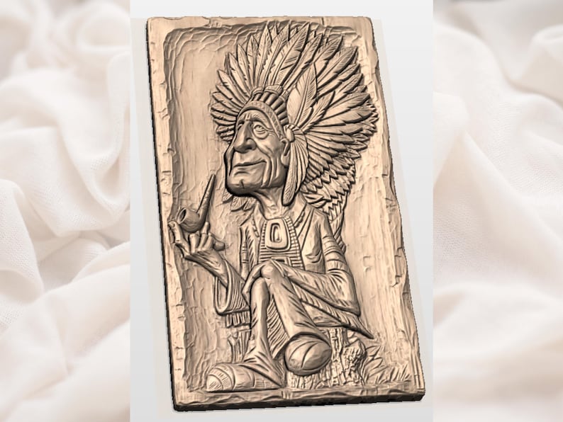 May include: A detailed relief carving of a Native American chief in a headdress, holding a pipe. The artwork is in shades of brown and beige, with intricate details on the clothing and feathers. The chief is seated, with a serene expression.