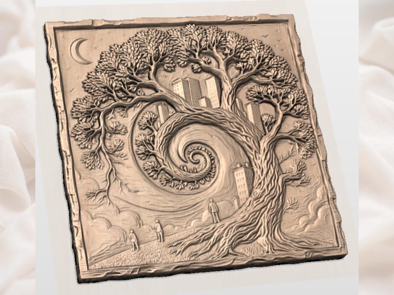 Whimsical Tree of Life 3D Relief STL | Cityscape Night Moon CNC Router Wood Carving Panel | Surreal Wall Art | Sacred Tree Plaque image 2