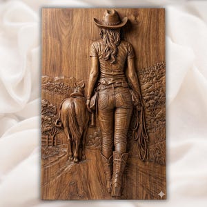 Cowgirl Walking Horse 3D Relief STL view 1