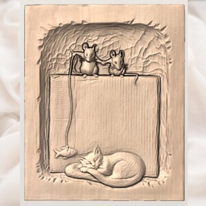 Sleeping Cat , Fish  and Mice Relief STL view 3