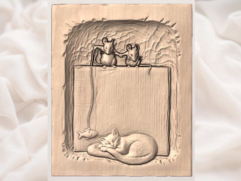 May include: A carved wooden plaque depicting a playful scene. Two mice sit above a box, one holding a string with a fish. A sleeping cat is below. The artwork is in shades of brown and beige, with a textured background.