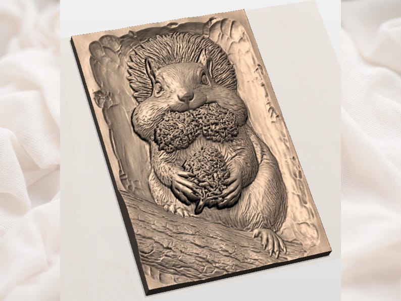 May include: A rectangular wooden plaque featuring a detailed relief carving of a squirrel holding a cluster of nuts. The squirrel is depicted on a tree branch, with intricate details in its fur and the surrounding foliage. The plaque has a natural wood tone.