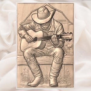 Cowboy Guitar Player 3D Relief STL view 3