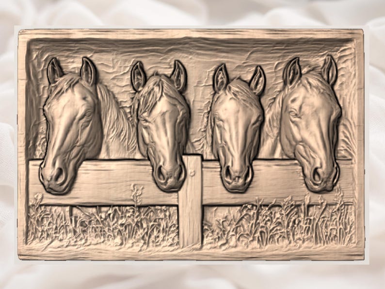 May include: A rectangular relief carving of four horse heads over a wooden fence. The horses are realistically detailed, with visible manes and facial features. The carving is in a warm, earthy tone, reminiscent of wood.