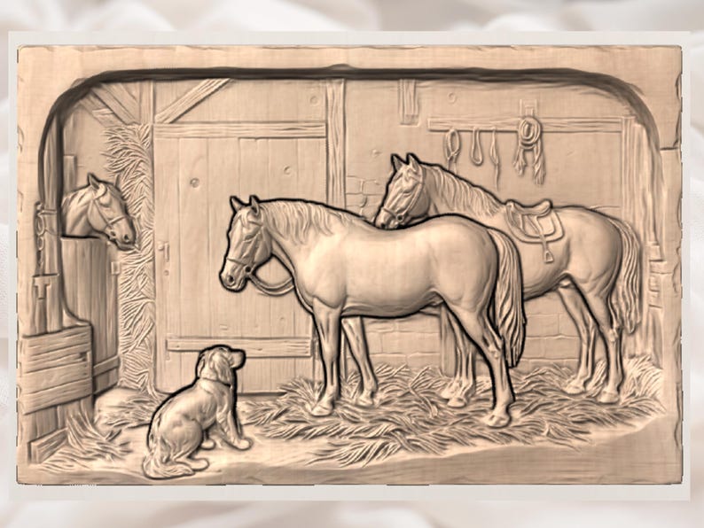 Horse Stable STL | Barn Relief Art | Ranch Wall Decor | Tack Room Scene Artwork | Wood Carving Design | Farm Plaque File image 3