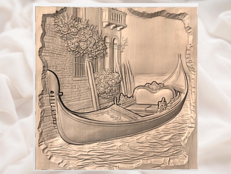 May include: A detailed relief carving of a Venetian gondola on water, with a building and floral accents. The artwork is in shades of brown and beige, showcasing the gondola's intricate design and architectural details.
