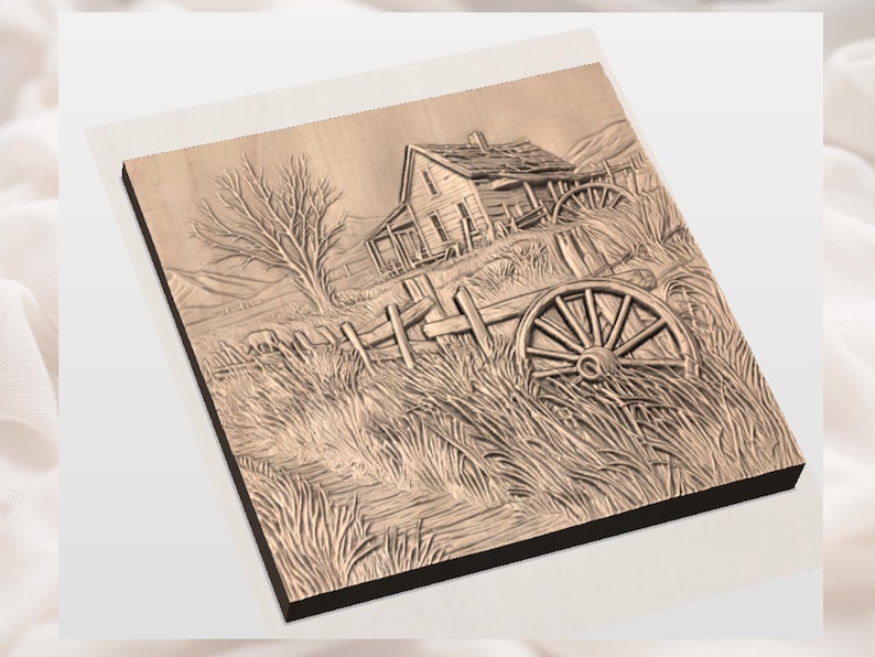 May include: A wooden relief carving depicting a rural scene. The artwork features a weathered house, a wagon wheel, a fence, and a leafless tree. The carving is set against a backdrop of tall grass and rolling hills, creating a rustic, vintage aesthetic.