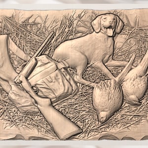 Hunting Dog & Pheasants 3D Relief STL view 3
