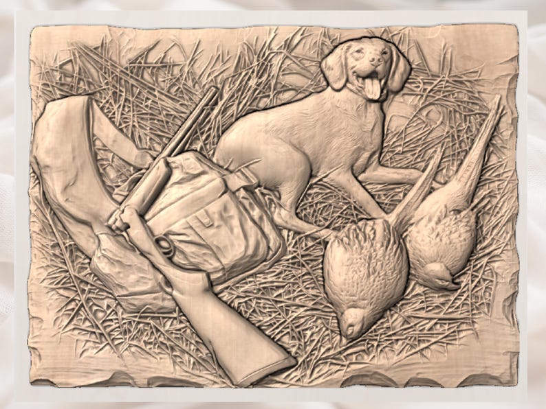 May include: A detailed relief carving depicts a hunting scene. A dog with its tongue out is next to two birds. A hunting bag and rifle are also included in the scene. The carving is in shades of brown and beige.