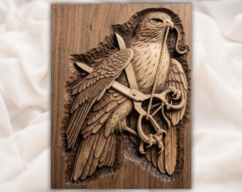 Sokół z Jessem, płaskorzeźba 3D, STL | Panel rzeźbiarski z sokolnictwem jastrzębia | Sztuka ścienna z motywem myśliwskim | Jastrząb i nożyczki, STL | Ptak drapieżny | Sztuka rustykalnej chaty