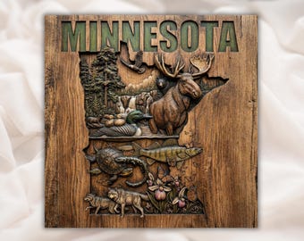 Minnesota Map STL Relief | Minnesota Wildlife 3D File for CNC Router | Moose Loon Walleye Aspire, VCarve Pro, Carveco, Fusion 360, ArtCAM