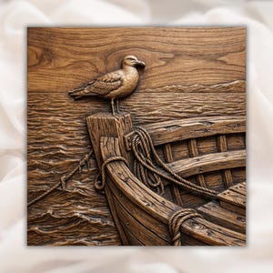 Seagull on Boat 3D Relief STL view 1