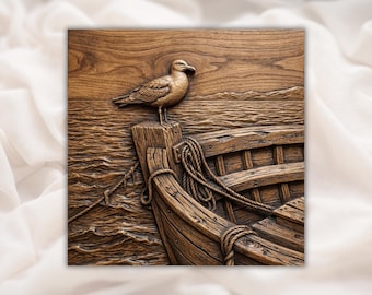 Seagull on Boat 3D Relief STL | Nautical Ocean Dock Rope Wood Grain Carving Panel | CNC Router File, 3D Print, Laser Engrave | Home Decor