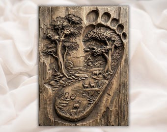 Traveler Footprint 3D Relief STL File | Adventure Nature Scene Wood Grain CNC Carving | Hiking Wall Art | 3D Print & Laser Engraving