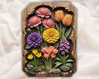 Blumenstrauß STL 3D Relief | Frühlingsgarten Blumen CNC Carving File | Tulpe Dahlie Zinnie Chrysantheme Panel