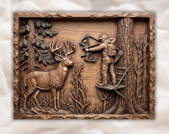オジロジカ狩りのレリーフ（STLファイル）｜ツリースタンドの弓使いの森の風景｜キャビンロッジのトロフィー壁飾り｜素朴な森の装飾