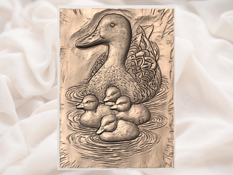 May include: A detailed relief carving of a duck and her ducklings in a pond. The mother duck is large, with detailed feathers, and the three ducklings are nestled around her. The artwork is in shades of brown and beige, creating a rustic feel.