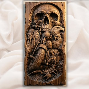 Biker Skull Motorcycle 3D Relief STL view 1