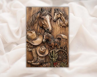 Western Horses Collage 3D Relief STL | Cowboy Hat Boots Wagon Cactus Wood Grain Carving Panel | CNC Router, 3D Print, Laser | Home Decor