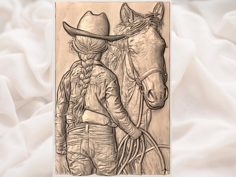 May include: A wooden carving depicts a person in a cowboy hat and denim jacket, standing beside a horse. The person holds the reins, with a long braid. The artwork is detailed, showcasing textures and shadows.