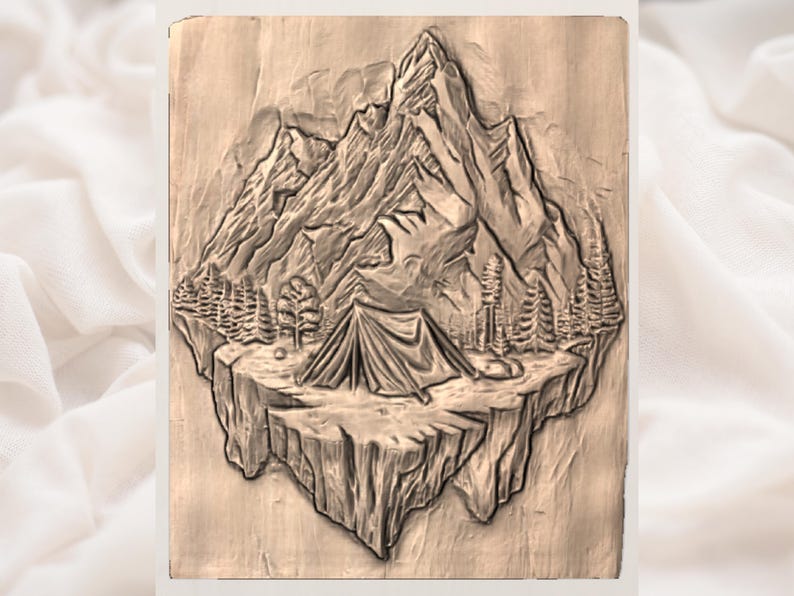 May include: A detailed relief carving depicting a mountain landscape with a tent. The artwork features a mountain range, trees, and a tent on a floating island. The color palette is primarily shades of brown and tan, creating a rustic aesthetic.
