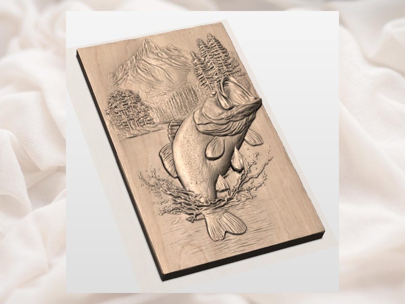 May include: A rectangular wooden plaque with a detailed relief carving of a largemouth bass leaping from water. The background depicts mountains and trees, creating a nature scene. The carving is in shades of brown.