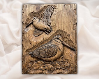 Woodcock Bird 3D Relief STL File | Flying and  Sitting Bird Wood Grain CNC Carving | Wildlife Wall Art Panel | 3D Print & Laser Engraving